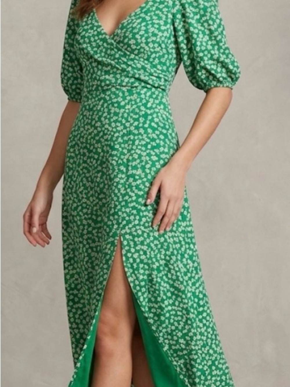 🎻Wayf Green Floral Wrap Maxi Dress with Puff Sleeves and Front Slit